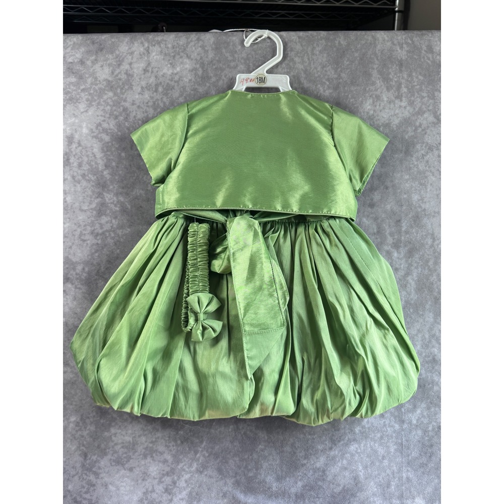 Tip Top Kids Lime Green Bubble Hem Dress Bolero Headband Set 18M - Picture 3 of 5